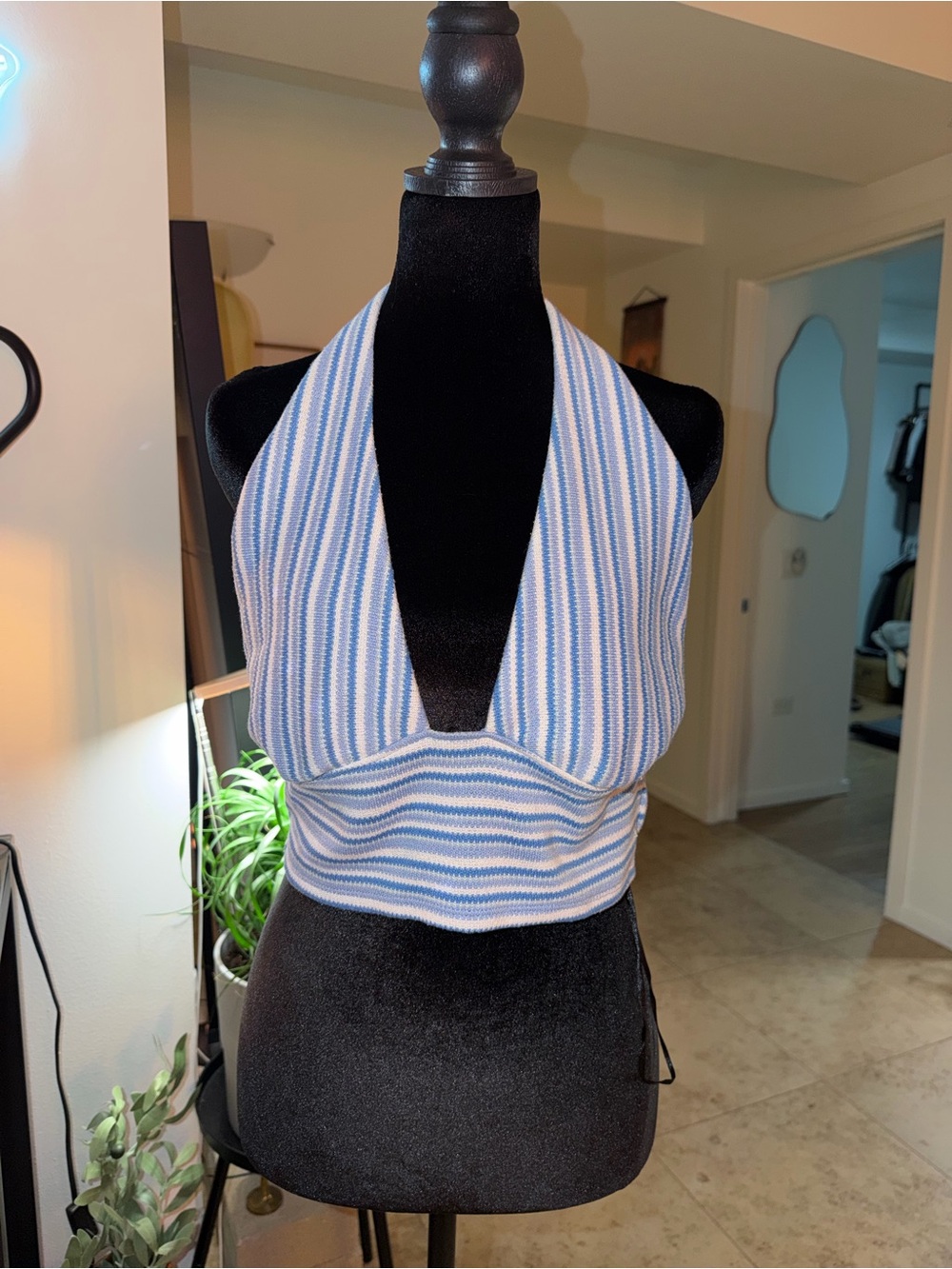 Knit Striped Blue & White Halter Crop Top